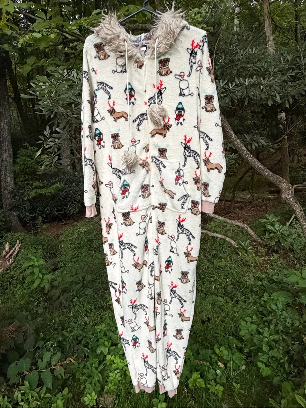 Holiday Time Christmas Dog & Reindeer Fleece Unisex Adult Onesie L